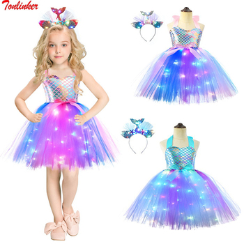 Świecąca kostium świątecznej małej syrenki dla dziewczynek z kolorowym światłem LED i Tutu sukienką Cosplay