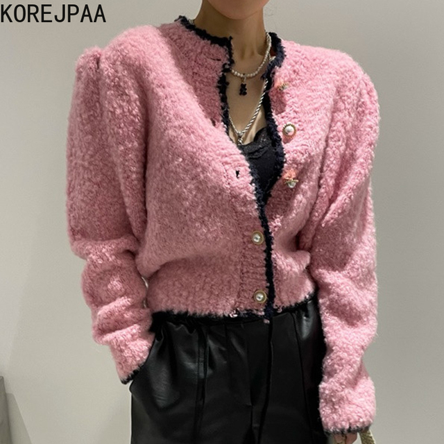 Sweter rozpinany z bufiastymi rękawami i perłowymi guzikami - modny sweter na co dzień dla kobiet w stylu koreańskim - tanie ubrania i akcesoria