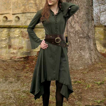 Sukienka Vintage kobieca z dekoltem w serek, długimi rękawami 1/2 do łydki - gotycki styl, średniowieczna elegancja