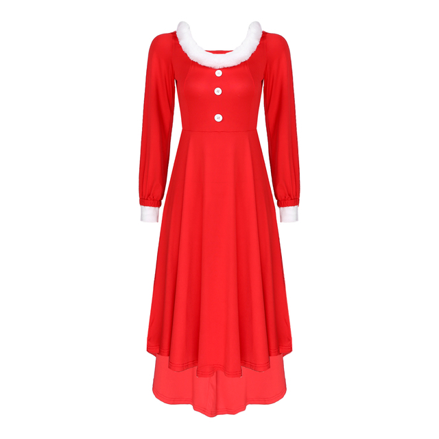 Długa, czerwona sukienka damsko-świąteczna z faux futrem i długimi rękawami - tanie ubrania i akcesoria
