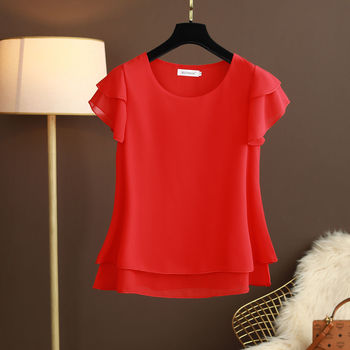 Bluza damska w rozmiarze 6XL, krótki rękaw, czerwona, wykonana z trwałego szyfonu