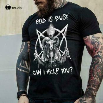 Męska czarna koszulka z zabawnym napisem 'Szatan bóg jest zajęty czy mogę ci pomóc', rozmiar M-5XL