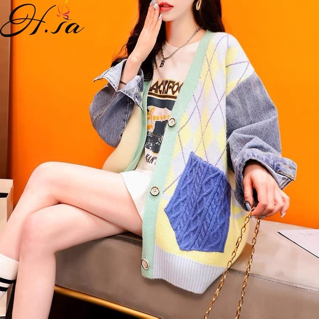 Rozpinany sweter damski HSA 2021 zimowy z argylem w koreańskim stylu - ponadgabarytowy, dzianinowy kardigan kimono - tanie ubrania i akcesoria
