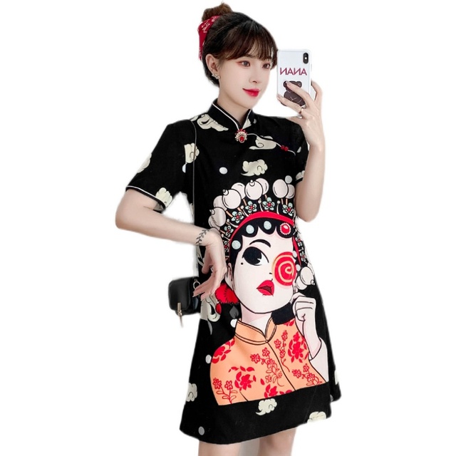 Elegancka sukienka Qipao z krótkim rękawem w nowoczesnym stylu casual z motywem cartoon, idealna na lato i imprezy - tanie ubrania i akcesoria