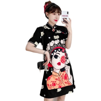 Elegancka sukienka Qipao z krótkim rękawem w nowoczesnym stylu casual z motywem cartoon, idealna na lato i imprezy