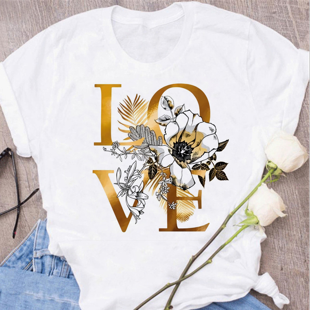 Koszulka damska z krótkim rękawem z miłosnym kwiatowym motywem - Maycaur - tanie ubrania i akcesoria