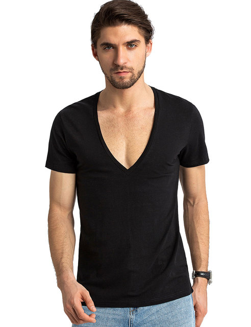 Koszulka męska z głębokim dekoltem V-neck, z niewidocznym podkoszulkiem, w kształcie litery Vee, slim fit z krótkim rękawem - model scoop hem - tanie ubrania i akcesoria