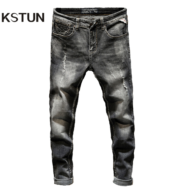 Ciemnoszare męskie spodnie dżinsowe Hip Hop Stretch - idealne na jesień i zimę, dopasowane do sylwetki, z motocyklowym wzorem - tanie ubrania i akcesoria