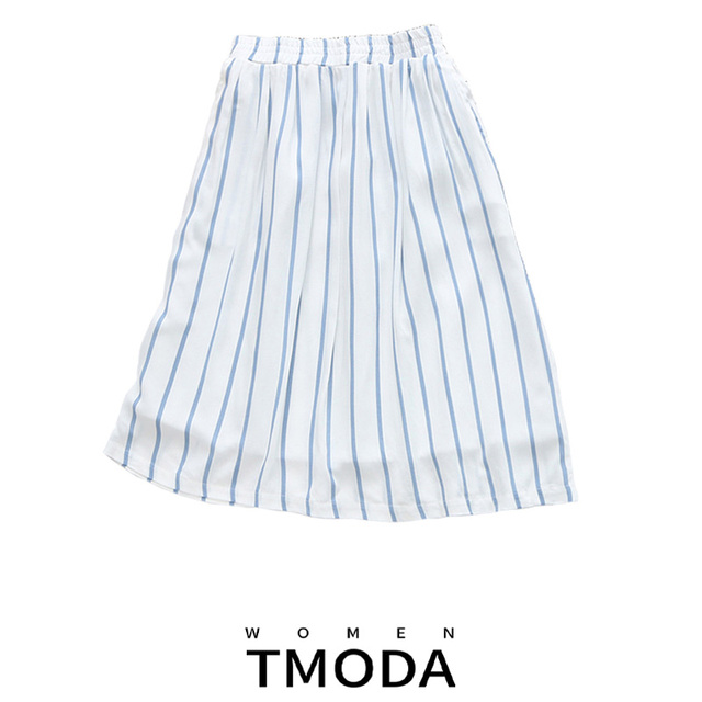 Lato 2020: TMODA244 Spódnica damska w pasiastym kolorze niebieskim, do kolan z kieszeniami - tanie ubrania i akcesoria