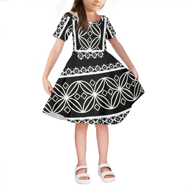 Nowość 2022: Polinezyjskie sukienki dla dziewcząt w stylu retro z wysokiej jakości materiałów, wzorowane na plemionach Samoa i Hawajów, krótki rękaw, okrągły dekolt, idealne na lato - tanie ubrania i akcesoria