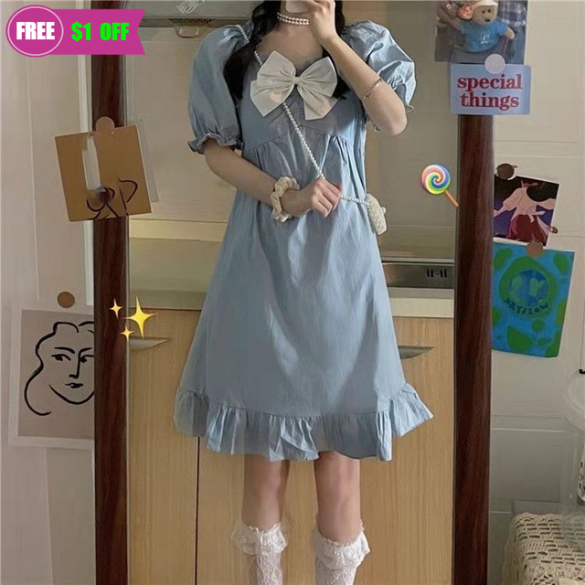 Retro Kawaii - sukienka Lolita z bufiastymi rękawami i słodkim Bowknotem - tanie ubrania i akcesoria