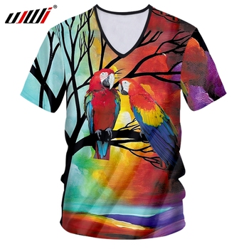 Męska koszulka UJWI z krótkim rękawem, głęboki dekolt w serek, 3D Tee, czerwona papuga, rozmiar 5XL 6XL, idealna na lato i wiosnę