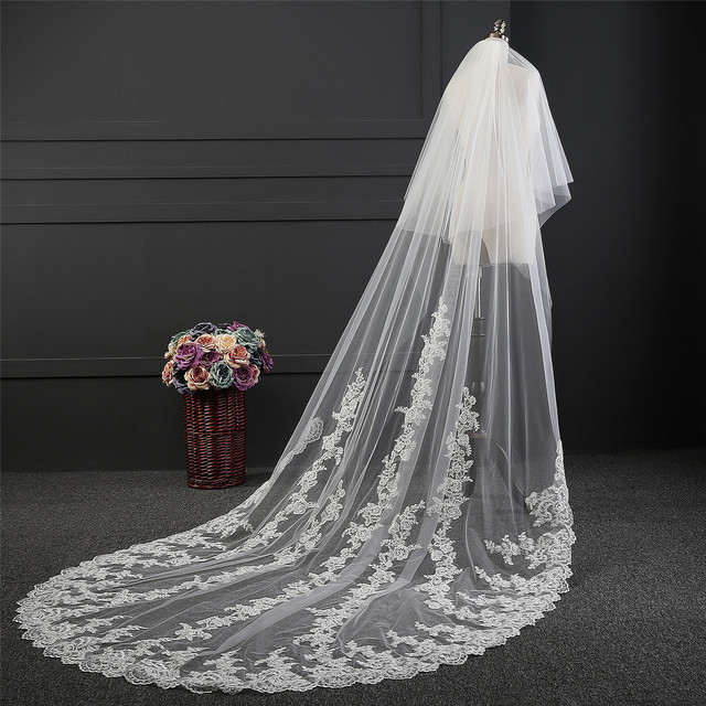 Luksusowy dwuwarstwowy welon ślubny z koronkowym tiulem, białym kolorze, 430*180cm, z metalowym grzebieniem - tanie ubrania i akcesoria