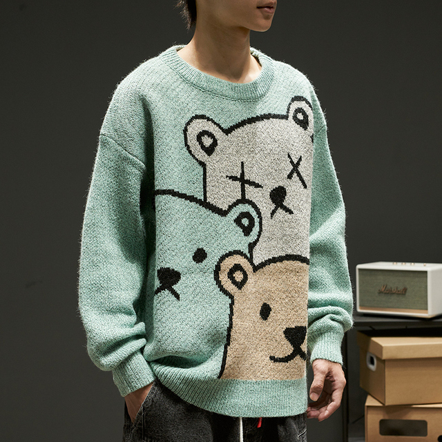 Sweter męski zimowy 2021 z długim rękawem - cartoon niedźwiedź, modna dzianina, nowoczesny design - tanie ubrania i akcesoria