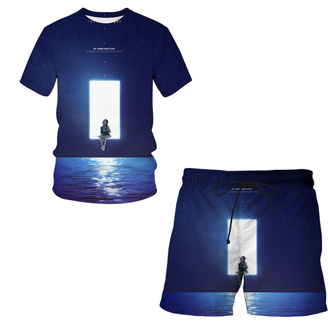 Koszulka męska z krótkim rękawem i zestaw szortów Starry Sky Lato 3D - tanie ubrania i akcesoria