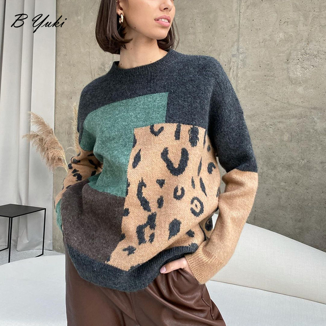 Kaszmirowy oversize sweter damski w vintage stylu z patchworkowym wzorem lamparta - tanie ubrania i akcesoria