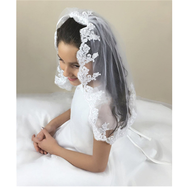Biały Welon Ślubny z Aplikacjami Dla Dziewczyny - Pierwsza Komunia, Grzebień w Komplecie - tanie ubrania i akcesoria