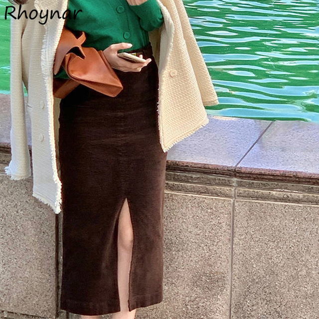 Spódnica damska sztruksowa z wysokim stanem i rozcięciem bocznym, w klasycznym stylu koreańskim - tanie ubrania i akcesoria