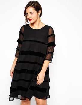 Sukienka damska plus size - aksamitna z panelami szyfonowymi, długi czwarty rękaw, kolor czarny, do kolan, casualowa i biurowa, rozmiary 5XL-6XL