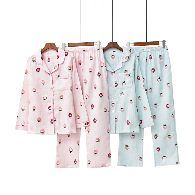 Damska piżama z nadrukiem truskawek, dwuwarstwowa gaza o długich rękawach - tanie ubrania i akcesoria