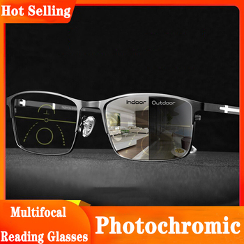 Męskie fotochromowe okulary do czytania, progresywne, wieloogniskowe, pół-ramowe