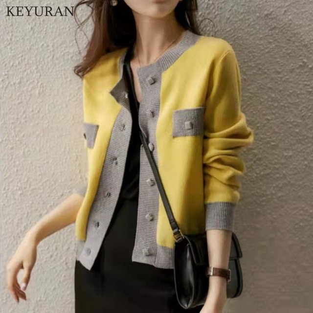 Sweter damski dziergany 2021 jesienno-zimowy, kolor żółty, nowy model, dopasowany krój, płaszczowe kardigan z kaszmiru - tanie ubrania i akcesoria