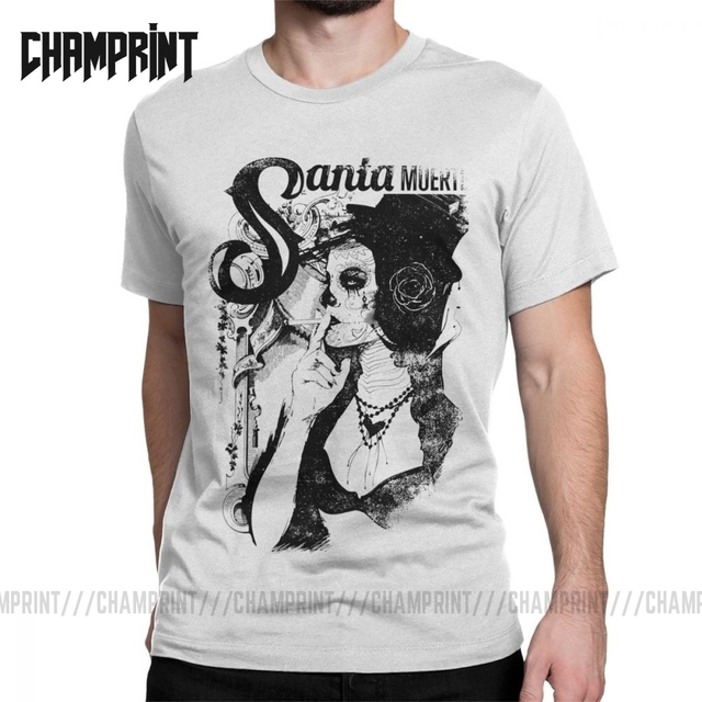 Koszulki męskie Santa Muertos - Sante Muerte z czaszką, krótki rękaw, bawełna, plus rozmiar - tanie ubrania i akcesoria