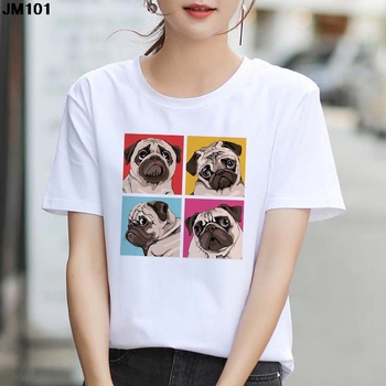 Nowy damski T-shirt Harajuku z nadrukiem psa - krótki rękaw - biały