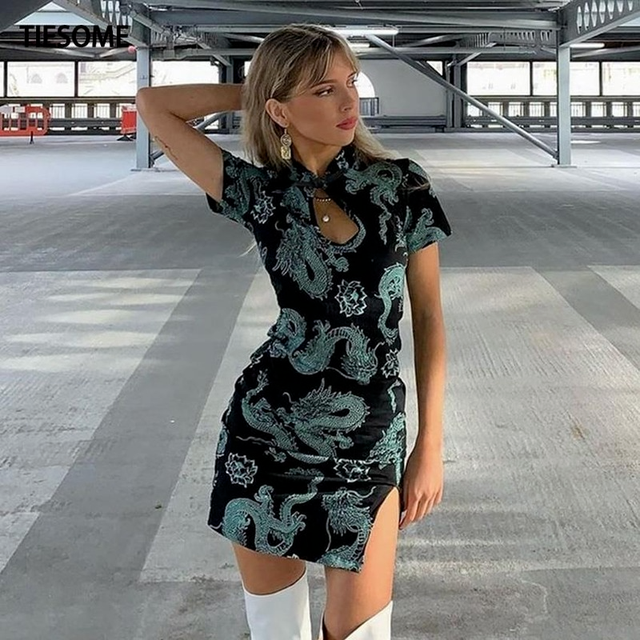 Kobiecy, tradycyjny strój chiński z nieregularnym brzegiem, gotycki smok, seksowna krótka sukienka, vintage styl Cheongsam, hollow out, w modnym wzorze Qipao - Sukienka Qipao z gotyckim smokiem - tanie ubrania i akcesoria