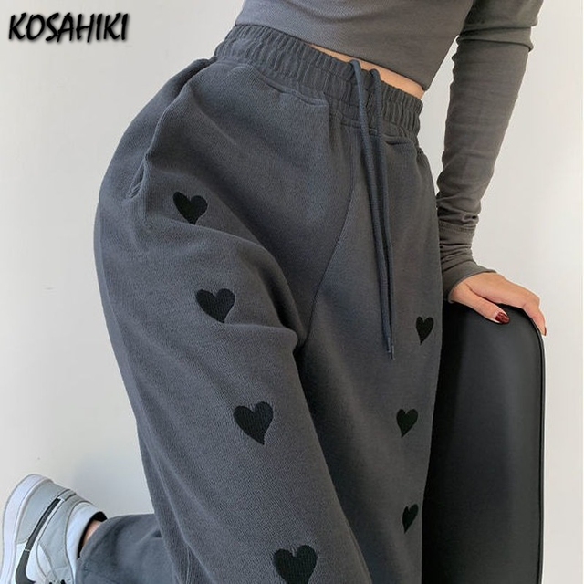 Damskie spodnie capri KOSAHIKI - wyszywane serce, wysoka talia, koreański styl Harajuku - tanie ubrania i akcesoria