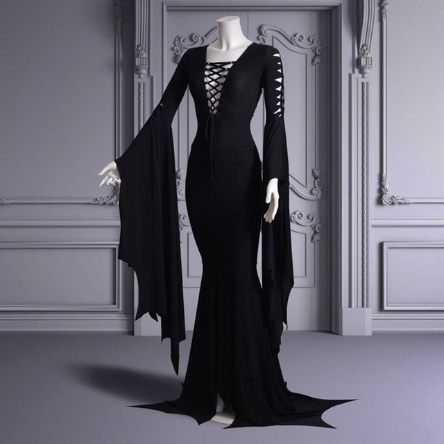 Czarna gotycka sukienka w stylu ducha wampirki o długim rozporku w rozmiarze XL - tanie ubrania i akcesoria