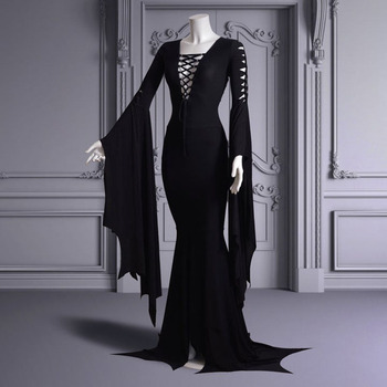 Czarna gotycka sukienka w stylu ducha wampirki o długim rozporku w rozmiarze XL