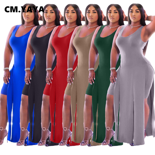 Zestaw damski bez rękawów: CM.YAYA - X-długie topy, płaszcz, spodenki - elastyczne, pasujące, dwuczęściowy strój na lato - tanie ubrania i akcesoria