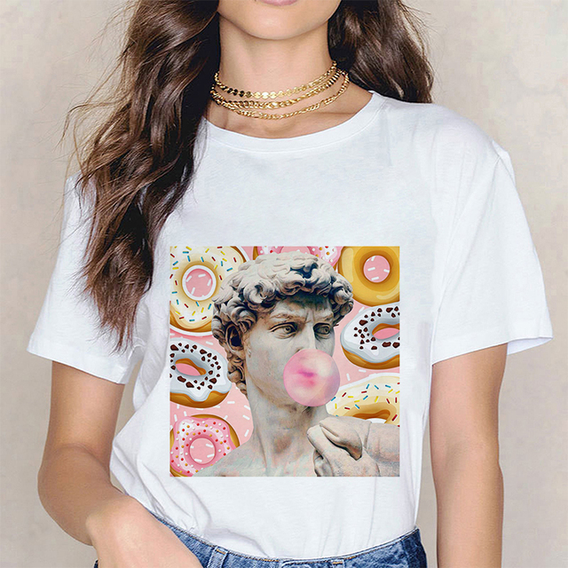 T-shirt damski z grafiką Michelangelo David Donuts, europejski vintage, kolor biały - Harajuku estetyczny - tanie ubrania i akcesoria