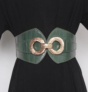 Damski szeroki pas modnej sukienki gorsetowej z elastyczną dekoracją, wykonany z wysokiej jakości PU skóry (R3192)