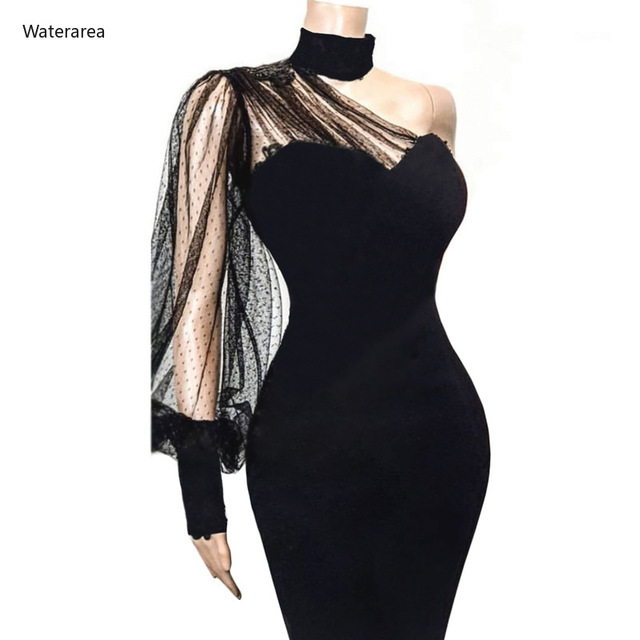 Seksowna sukienka nocna klubowa 2019 Plus rozmiar kobiety z jednym ramię i długim rękawem, kolorowa i obcisła, mech patchwork 66761 - tanie ubrania i akcesoria