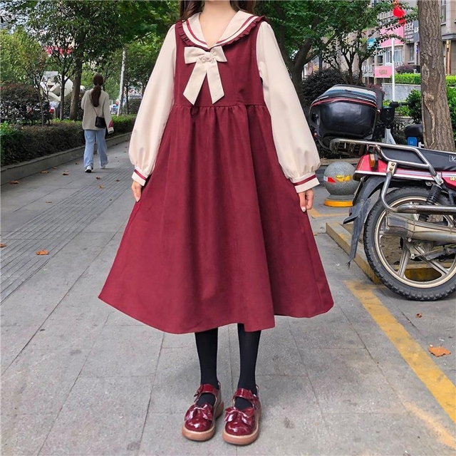 Jesień 2021 - QWEEK japońska sukienka w słodkim stylu Kawaii Lolita z długim rękawem, miękkim, wzburzającym, z marynarskim kołnierzykiem dla kobiet i studentek - tanie ubrania i akcesoria