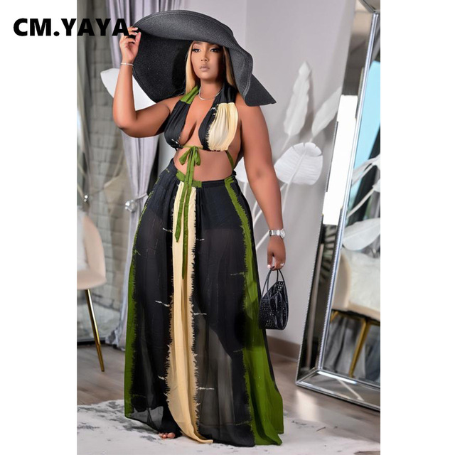 Kobiecy zestaw garsonki CMYAYA - długie spódnice Patchwork i crop top z dekoltem typu Halter - tanie ubrania i akcesoria