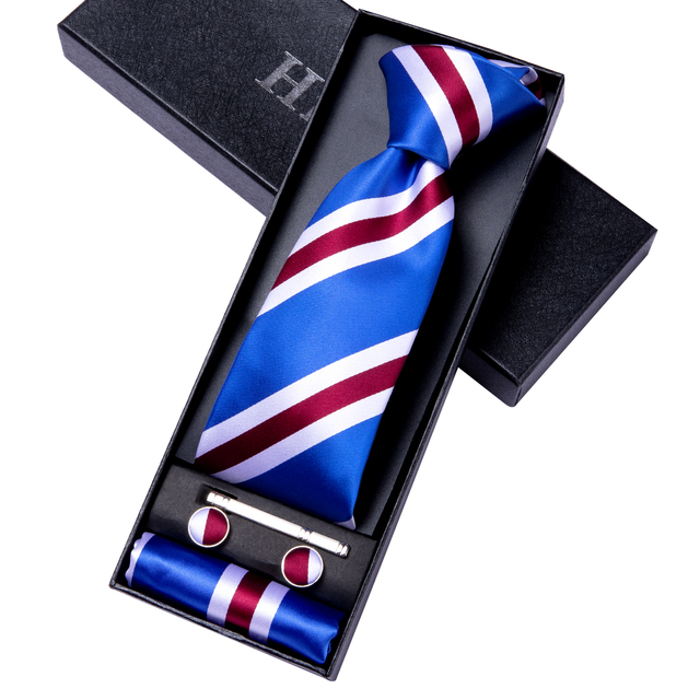 Hi-Tie krawat męski biznesowy jedwabny niebieski pasiasty zestaw prezent poszetka spinki męska luksusowy - tanie ubrania i akcesoria