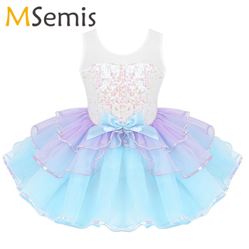 Leotard baletowy dla dzieci z cekinami i siatkowym splotem - Tutu sukienka z pięknym bowknotem na talii - Dancewear dziecięce