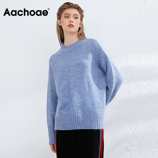 Damski elegancki sweter jednokolorowy o-neck batwing z długim rękawem - tanie ubrania i akcesoria