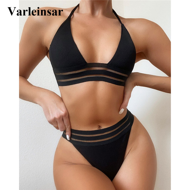 Zestaw bikini damski o wysokiej talii - nowoczesny, seksowny i prążkowany, idealny do pływania - V3064 - tanie ubrania i akcesoria