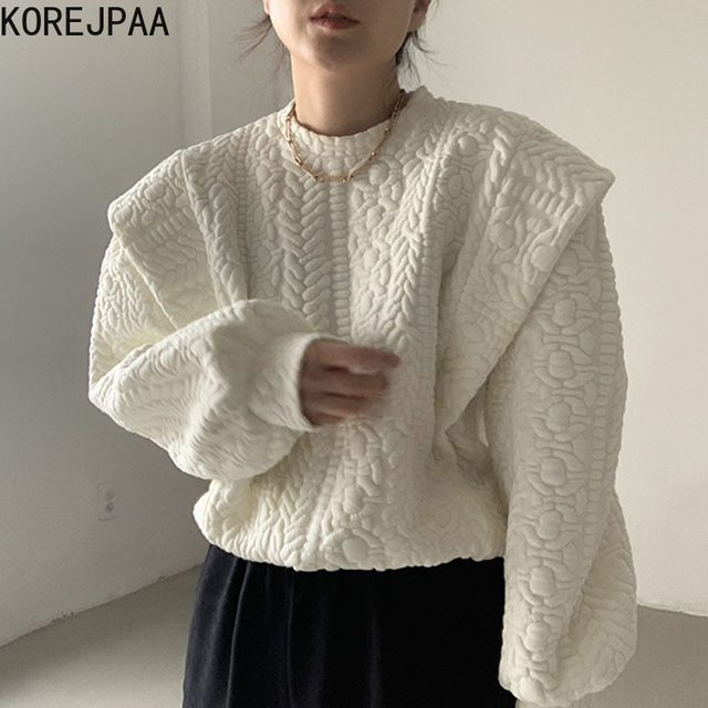 Damska bluza Korejpaa jesień 2021 - francuski styl, tłoczone tekstury, luźne szwy, dwuczęściowy, długie rękawy - tanie ubrania i akcesoria