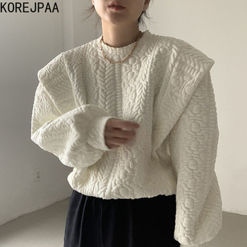 Damska bluza Korejpaa jesień 2021 - francuski styl, tłoczone tekstury, luźne szwy, dwuczęściowy, długie rękawy