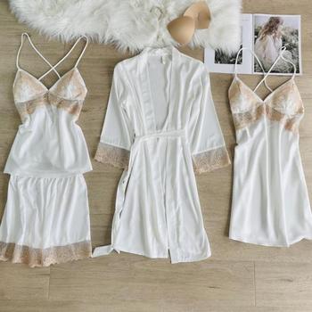 Seksowne Koronkowo-Satynowe Patchworkowe Komplet 4 Sztuki Piżamy Zestaw Snów - letnia bielizna nocna damskie piżamy odzież domowa