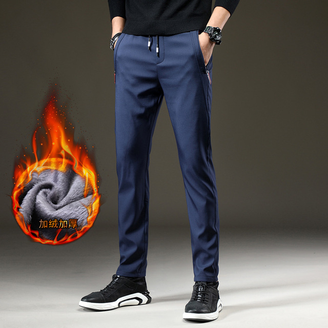 Obcisłe męskie zimowe spodnie z polaru - koreański casual, slim fit, ciepłe, grube, modny design: czarny, szary, niebieski - tanie ubrania i akcesoria
