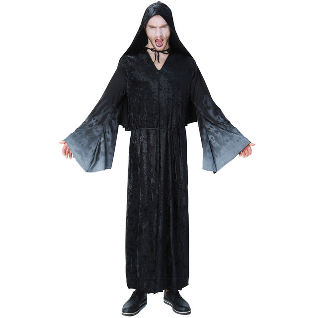 Kostium Człowiek-Wampir-Czarodziej-Smierć Średniowieczny Mnich z płaszczem czarne połyskujące - rozmiar z czapką, idealne przebranie na karnawał, Halloween i Cosplay - tanie ubrania i akcesoria