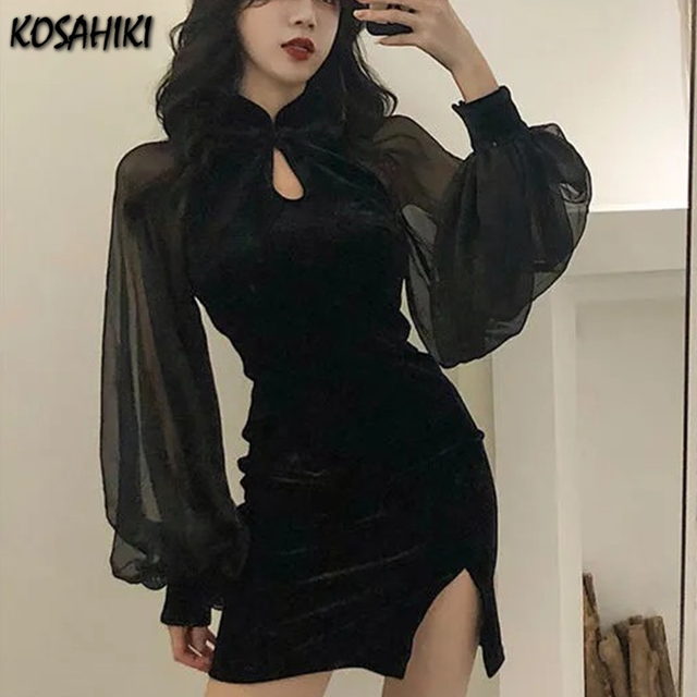 Czarna sukienka Vintage Sexy Goth z długimi rękawami i wysoką talią w stylu Harajuku, z estetyczną siatką - Bodycon - tanie ubrania i akcesoria