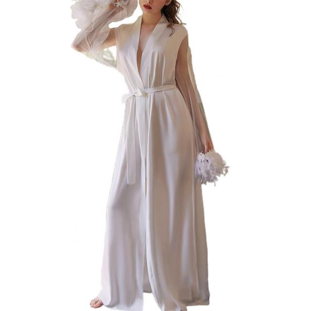 Szlafrok ślubny z haftami i koronką, dla eleganckiej kobiety - biała bielizna nocna z siatką i piórkiem - tanie ubrania i akcesoria