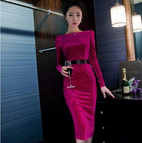 Koreańska sukienka damskia zimowa Clobee 2021 - długa, aksamitna, elegancka sukienka z kokardą dla Femme Vestidos Q481 - tanie ubrania i akcesoria